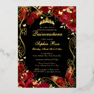 Vintage Schmetterling Gold Rot Floral Quinceanera Folieneinladung