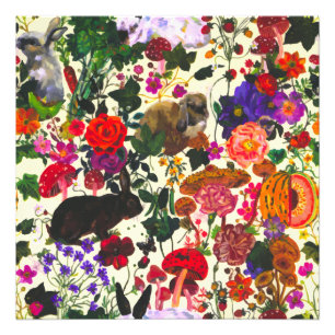 Vintage-Schmetterling-Kaninchen-Garten-Blumen-Aqua Fotodruck