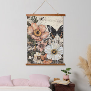 Vintage-Schmetterling-Pfingstrose-Botanik Wandteppich Mit Holzrahmen
