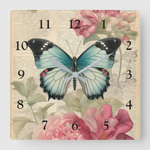Vintage Schmetterling und Blumen Quadratische Wanduhr