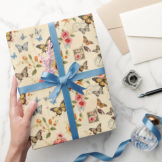 Vintage-Schmetterling- und Blumen-verpackung Geschenkpapier