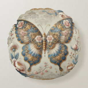 Vintage-Schmetterling und florale Chinoiserie-Kuns Rundes Kissen