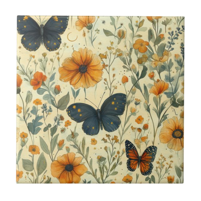 Vintage Schmetterling Wildblume (5) Fliese (Vorderseite)