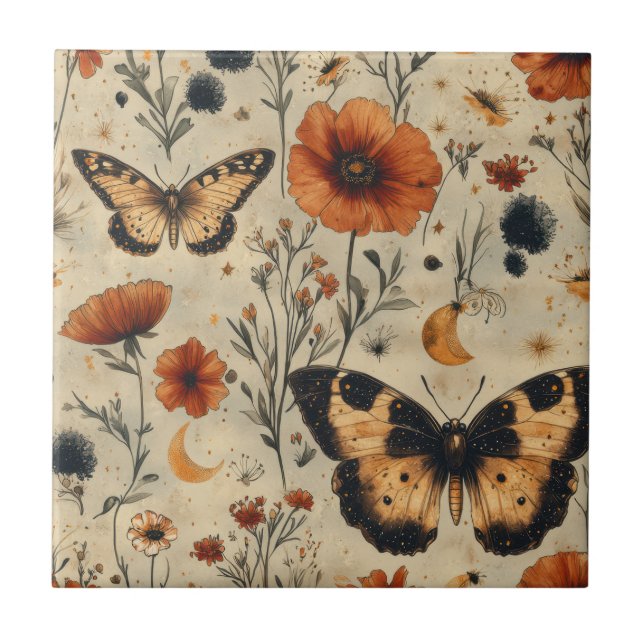 Vintage Schmetterling Wildblume (7) Fliese (Vorderseite)