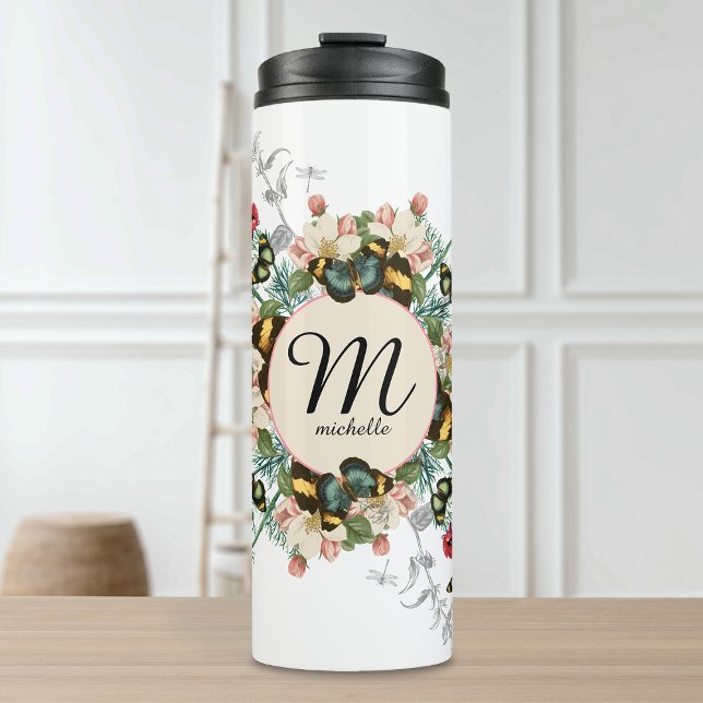 Vintage Schmetterlinge Monogram Ephemera Custom Thermosbecher (Vintage Butterflies Monogram Ephemera Custom Thermal Tumbler)