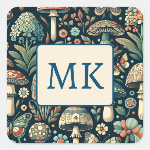 Vintage Schmetterlinge, Pilze und Blätter Quadratischer Aufkleber