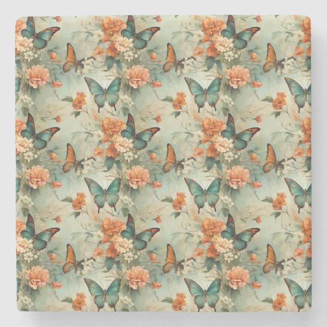 Vintage Schmetterlinge und Blume (10) Steinuntersetzer (Vorderseite)