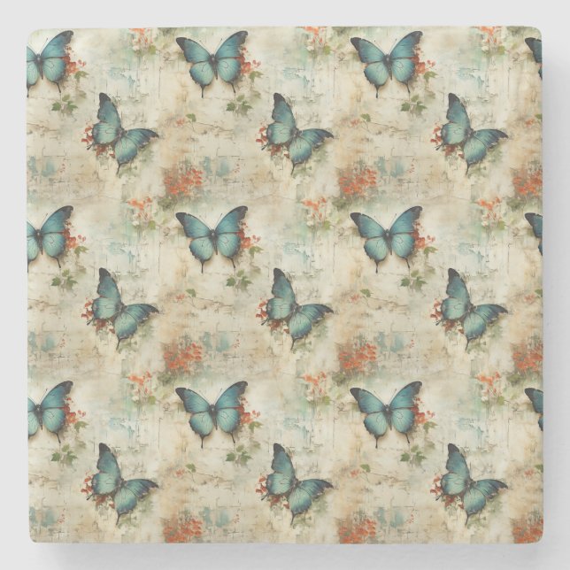 Vintage Schmetterlinge und Blume (12) Steinuntersetzer (Vorderseite)