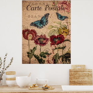 Vintage Schmetterlinge und Blume Poster