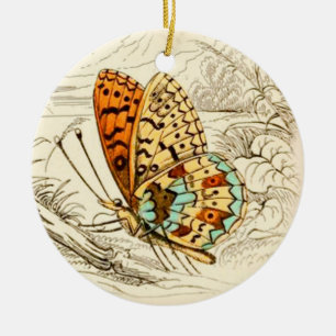 Vintage Schmetterlingsdarstellung, Orange und Beig Keramikornament