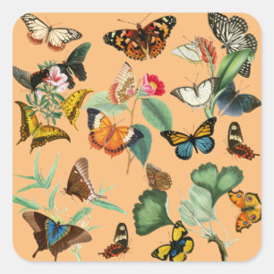 Vintage Schmetterlingskunst, gelber orangefarbener Quadratischer Aufkleber