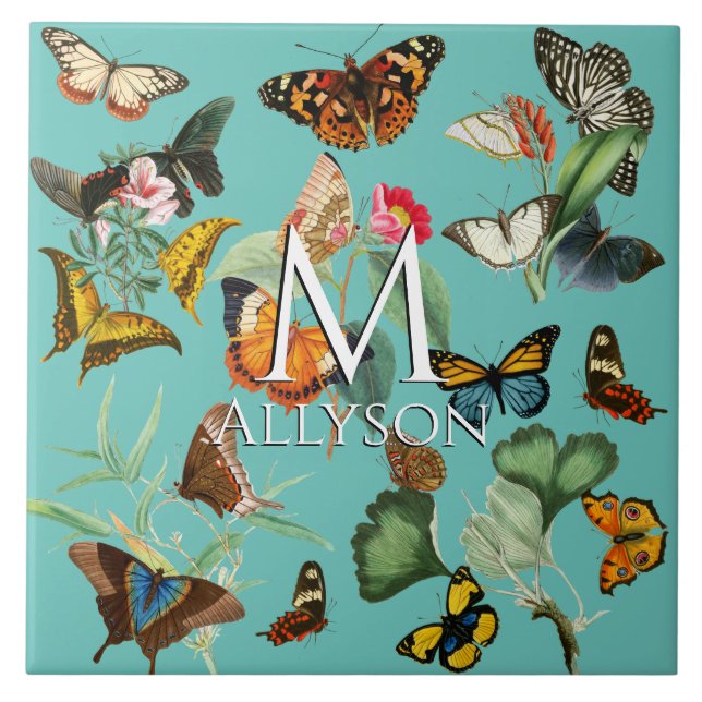 Vintage Schmetterlingskunst, Viele Kinds auf Aquam Fliese (Vorderseite)