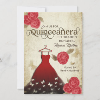 Vintage Schmetterlingswasserfarbe rote Rose Quince Einladung