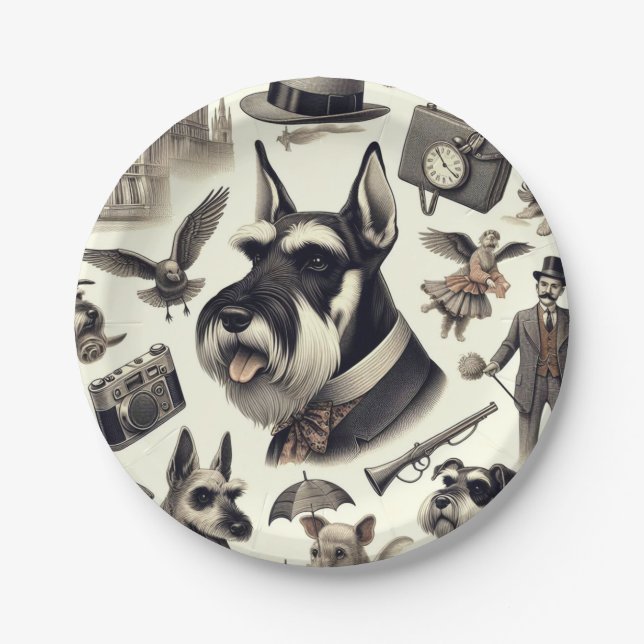 Vintage Schnauzer-Illustration Pappteller (Vorderseite)