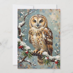 Vintage Schnee-Eule mit Weihnachtskieferngirlande- Feiertagskarte