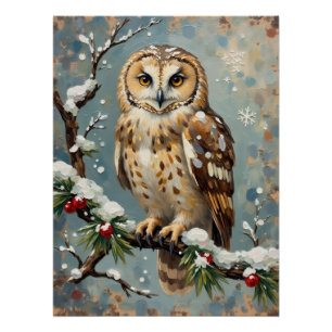 Vintage Schnee-Eule mit Weihnachtskieferngirlande- Poster