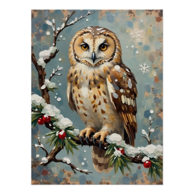 Vintage Schnee-Eule mit Weihnachtskieferngirlande- Poster (Vorderseite)