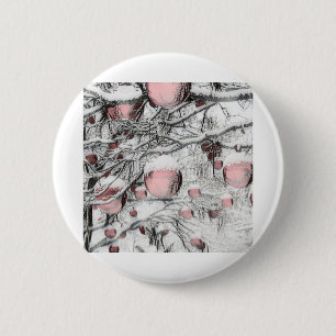 Vintage Schneebedeckte Bäume mit Ornamenten Zeichn Button