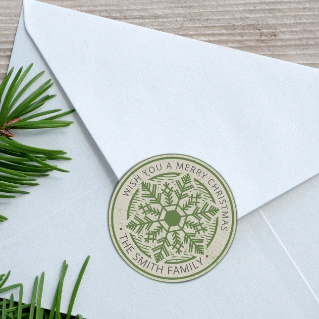 Vintage Schneeflocke Frohe Weihnachten Personalisi Runder Aufkleber (Vintage Snowflake Merry Christmas Personalized Classic Round Sticker)