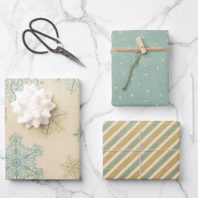 Vintage Schneeflocke Winterrustikale aquamarine Cr Geschenkpapier Set (Vorderseite)