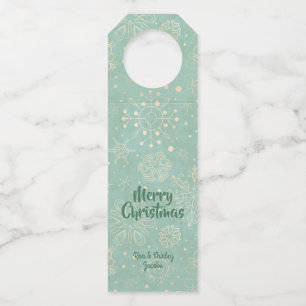 Vintage-Schneeflocken auf mintgrünem Weihnachtsfes Flaschenanhänger