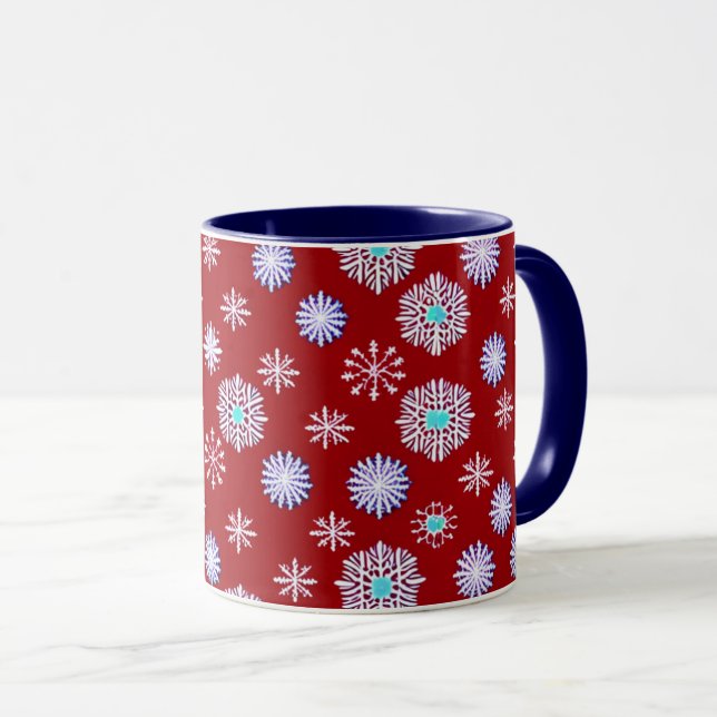 Vintage Schneeflocken in Rot Tasse (VorderseiteRechts)