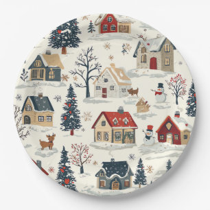 Vintage Schneehütten Rot Marine Weihnachten Pappteller
