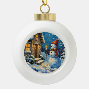 Vintage Schneemann am Kerzenlicht erleuchteten Wei Keramik Kugel-Ornament