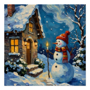 Vintage Schneemann am Kerzenlicht erleuchteten Wei Poster