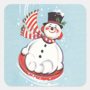 Vintage Schneemann auf Schnee-Disc Quadratischer Aufkleber