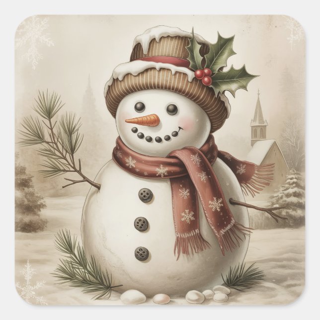 Vintage-Schneemann-Aufkleber Quadratischer Aufkleber (Vorderseite)