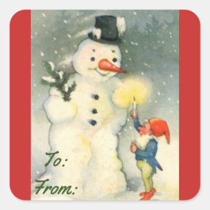Vintage-Schneemann-Geschenk-Anhänger-Aufkleber Quadratischer Aufkleber