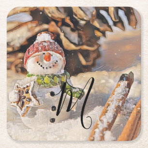 Vintage Schneemann in der Schneewasserfarbe Rechteckiger Pappuntersetzer
