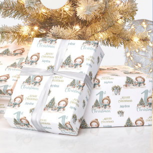 Vintage-Schneemann-Junge Erster Weihnachten Blau N Geschenkpapier