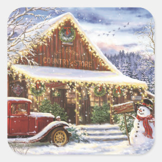 Vintage Schneemann Landladen Quadratischer Aufkleber
