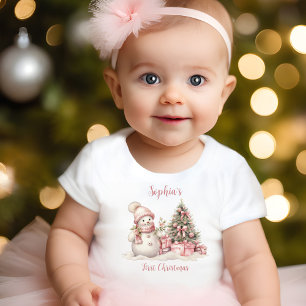 Vintage-Schneemann-Mädchen-Rosa Erstes-Christmas-T Baby T-shirt