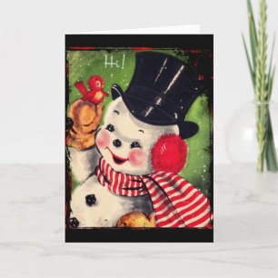 Vintage Schneemann mit einem roten Vogel Feiertagskarte