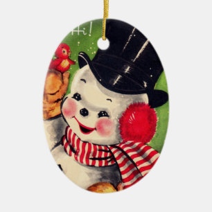 Vintage-Schneemann mit rotem Vogel Keramikornament