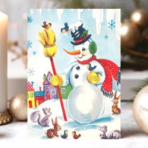 Vintage Schneemann mit Tieren Weihnachten