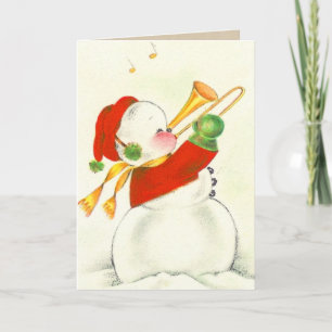 Vintage Schneemann Posaune Feiertagskarte