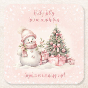 Vintage-Schneemann Rosa Weihnachten 1. Geburtstag Rechteckiger Pappuntersetzer