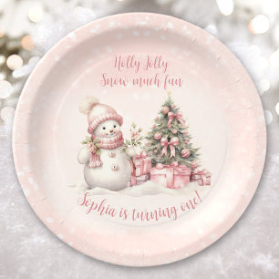 Vintage-Schneemann Rosa Weihnachten Erster Geburts Pappteller