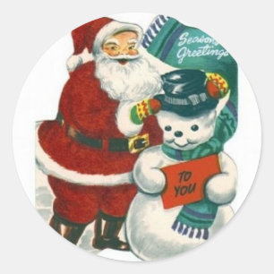 vintage-Schneemann-Santa-Weihnachten-Winter-Feiert Runder Aufkleber