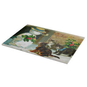 Vintage Schneemann und Katzen Glas Schneidbrett Schneidebrett