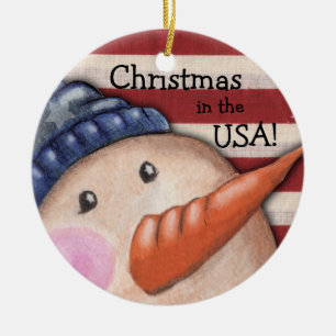 Vintage-Schneemann und USA-Flagge für Weihnachten Keramikornament