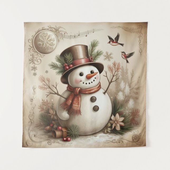 Vintage-Schneemann-Wandteppich Wandteppich (Vorderseite)