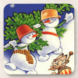 Vintage Schneemänner mit Baum Set aus Kork-Unterla Getränkeuntersetzer