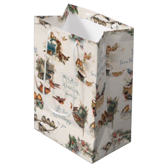 Vintage Schneevögel und Weihnachtsgrüße Mittlere Geschenktüte (Vorderseite Schrägansicht)