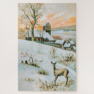 Vintage-Schneewinterlandschaft mit Hirschen Puzzle