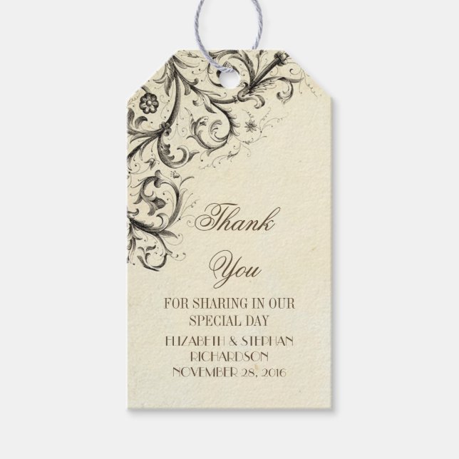 Vintage Schnörkel Hochzeit Danke Geschenkanhänger (Vorderseite)